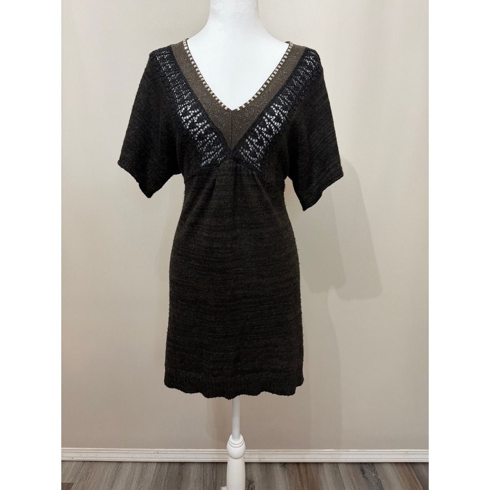 Dark Brown Knit Sweater Dress V-Neck Sparkly Studded Tunic -Medium